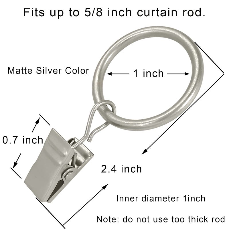 AMZSEVEN 44 Pack Metal Curtain Rings with Clips, Drapery Clips with Rings, Drapes Rings 1 inch Inner Diameter, Fits Diameter 5/8 inch Curtain Rods, Matte Silver - Image 2